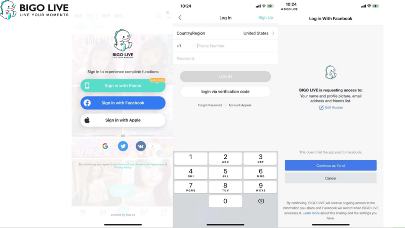 BIGO LIVE Mobile Login Screen