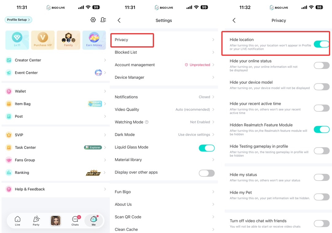 BIGO LIVE Privacy Settings Screenshot showing how to hide location