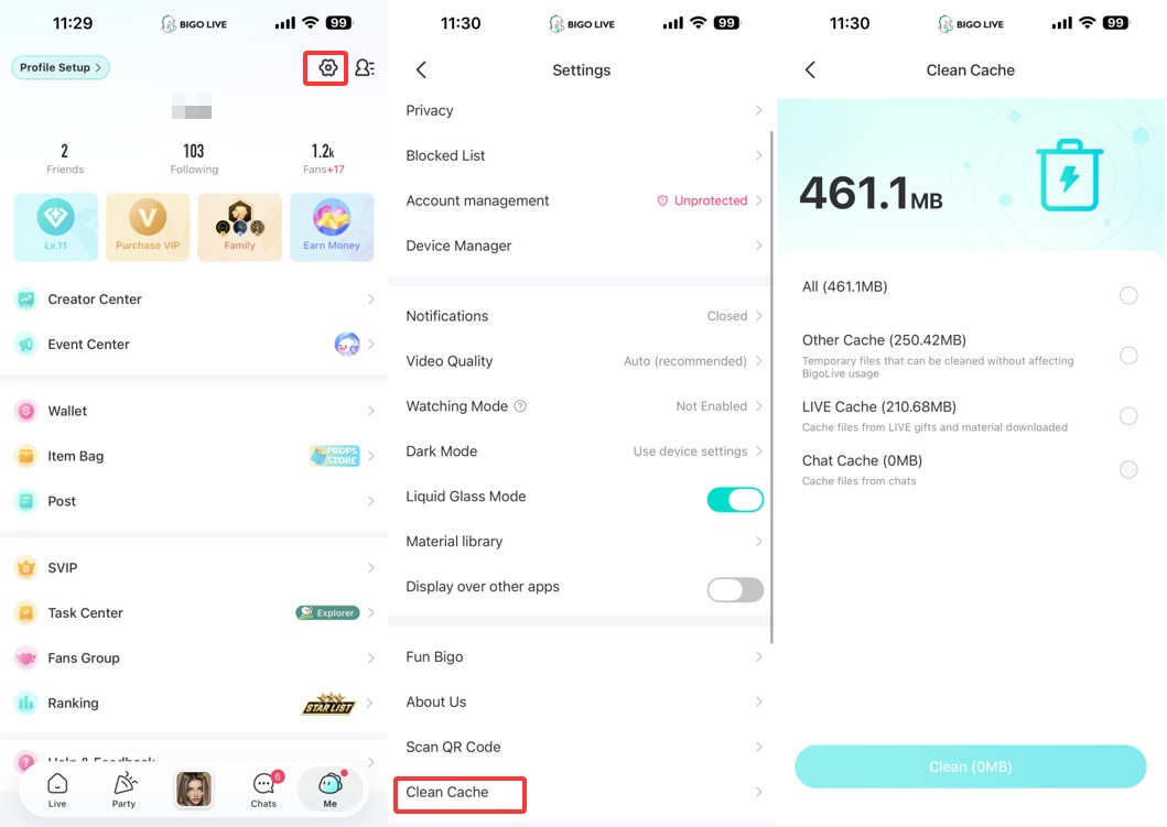 Steps to clear cache on Bigo Live app settings