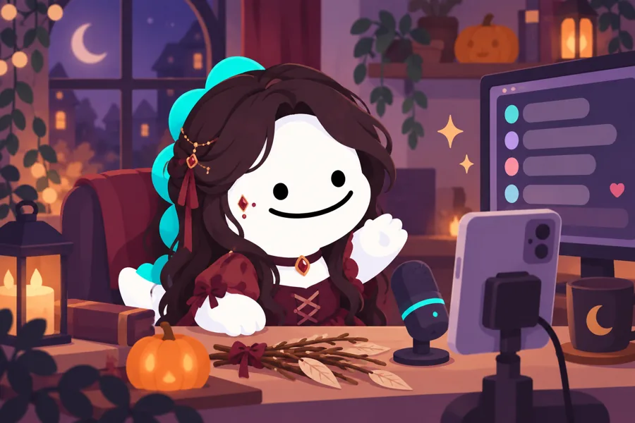 Nikki in a dark wavy wig and red printed top at a Halloween live-stream setup