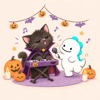 夜を彩るヴァンパイアねことDinoが配信を楽しむイラスト