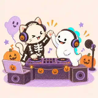 ノリノリスカルねことDinoが配信を楽しむイラスト