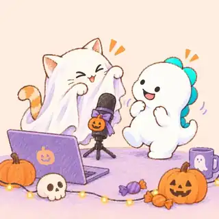 いたずらおばけねことDinoが配信を楽しむイラスト