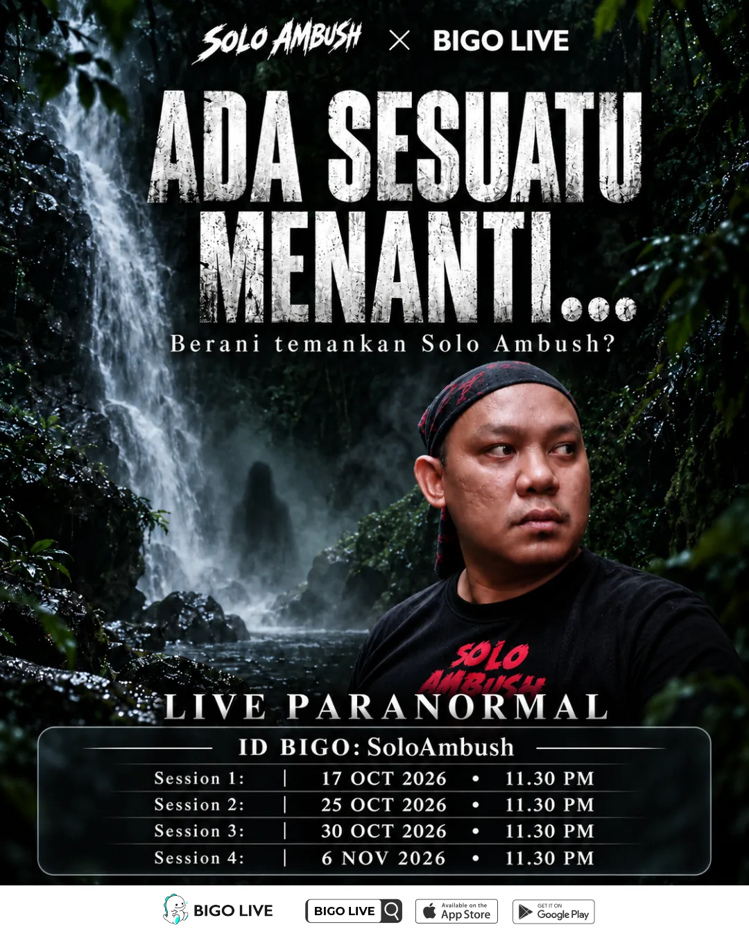 Poster Solo Ambush &times; BIGO LIVE: Ada sesuatu menanti, dengan empat sesi live paranormal pada 17, 25 dan 30 Oktober serta 6 November 2026, pukul 11:30 malam; ID SoloAmbush.
