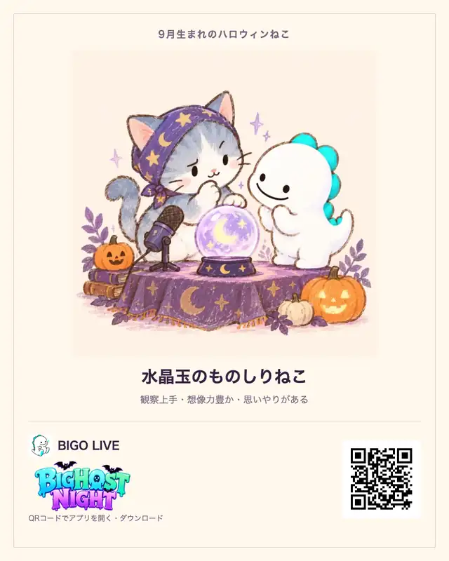 9月生まれ・水晶玉のものしりねこの診断カード。BIGO LIVEのQRコード付き