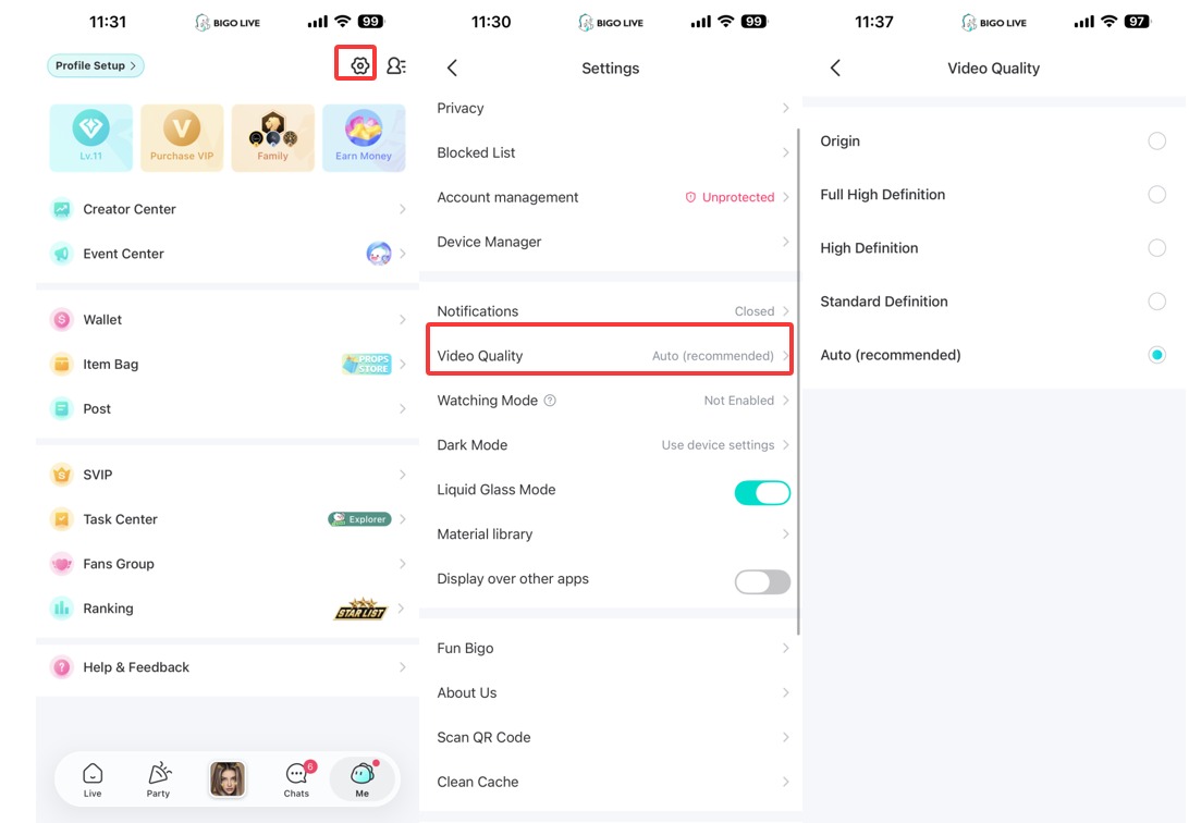 Steps for high live stream video quality on BIGO LIVE