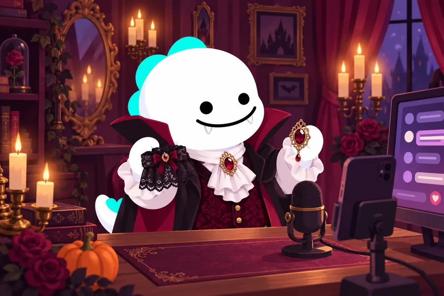 Vampire-inspired streamer with a high collar and gothic accessories