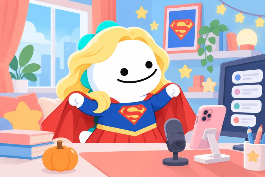 Supergirl-inspired streamer with a blue top, chest emblem, and red cape