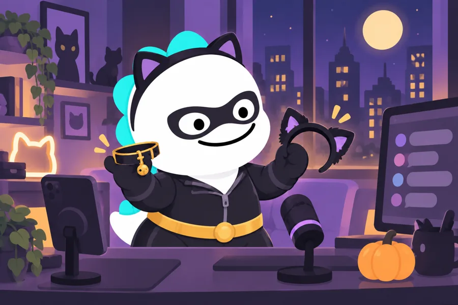 Catwoman-inspired streamer with cat ears and a black outfit