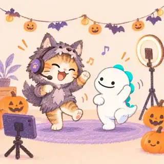 わいわいオオカミねことDinoが配信を楽しむイラスト