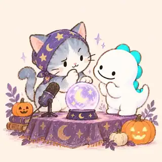 水晶玉のものしりねことDinoが配信を楽しむイラスト