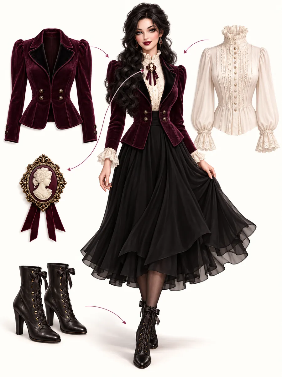 Illustration of an adult gothic host outfit with plum jacket, high-collar blouse, black skirt, cameo brooch, and ankle boots.