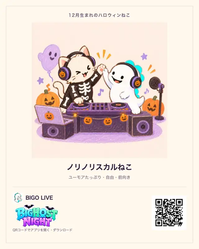 12月生まれ・ノリノリスカルねこの診断カード。BIGO LIVEのQRコード付き