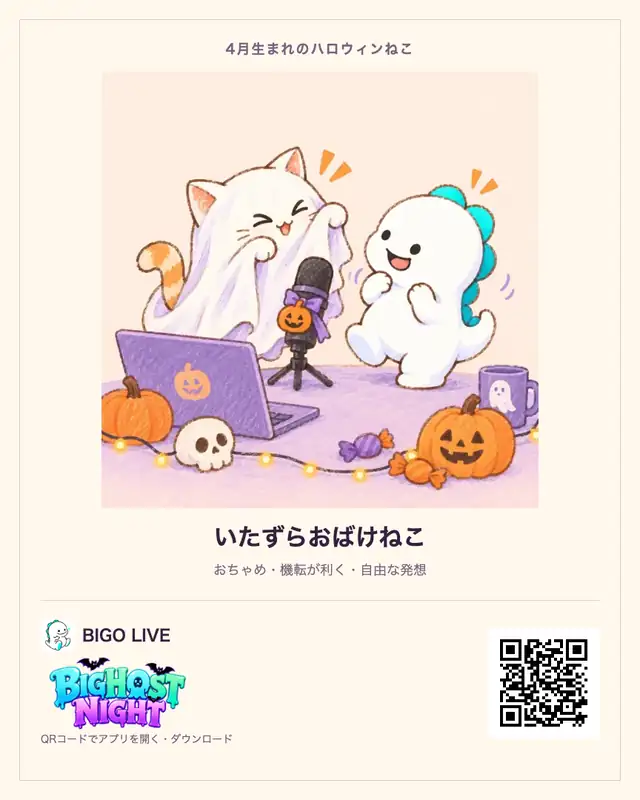 4月生まれ・いたずらおばけねこの診断カード。BIGO LIVEのQRコード付き