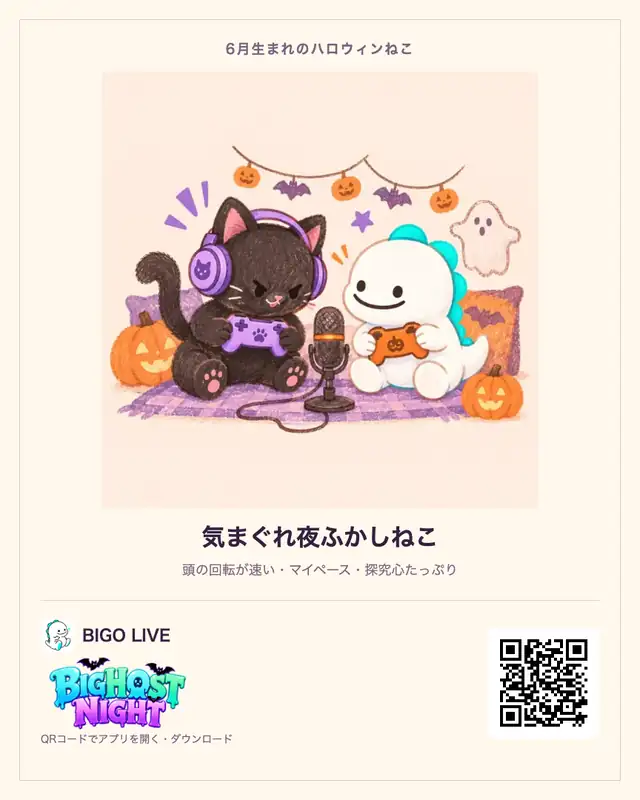 6月生まれ・気まぐれ夜ふかしねこの診断カード。BIGO LIVEのQRコード付き