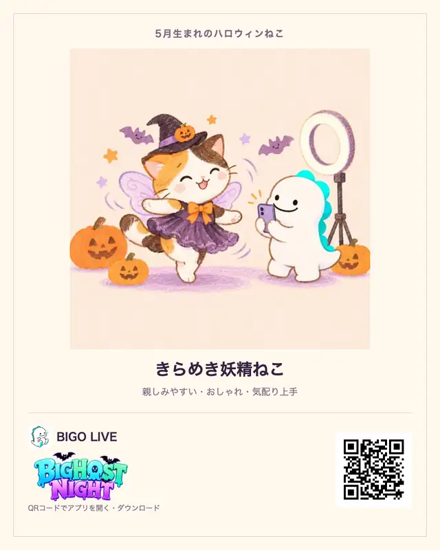 5月生まれ・きらめき妖精ねこの診断カード。BIGO LIVEのQRコード付き