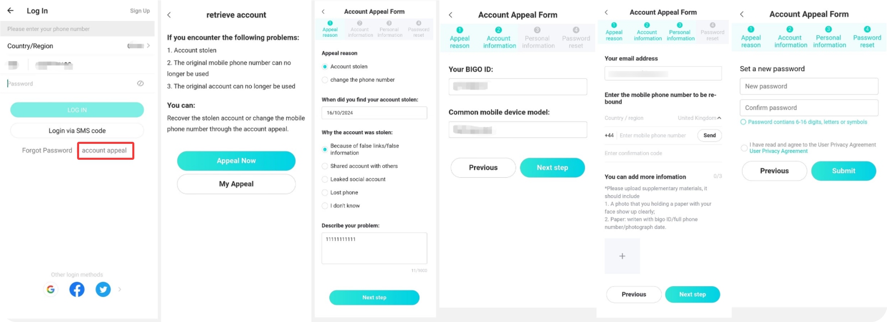 หน้าจอยื่นคำร้องบัญชีใน BIGO LIVE