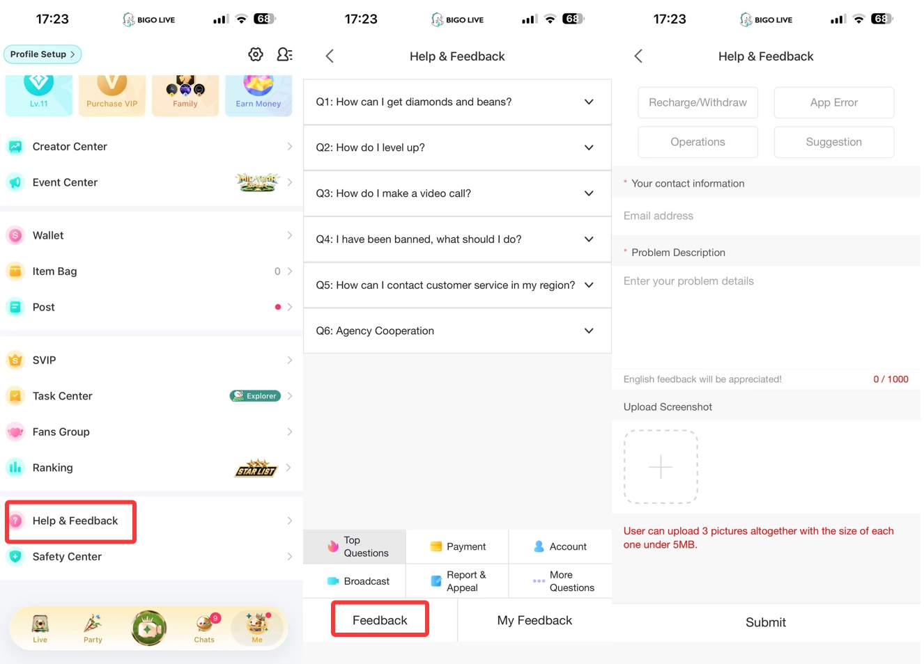 BIGO LIVEでヘルプとフィードバックを開き送信する方法