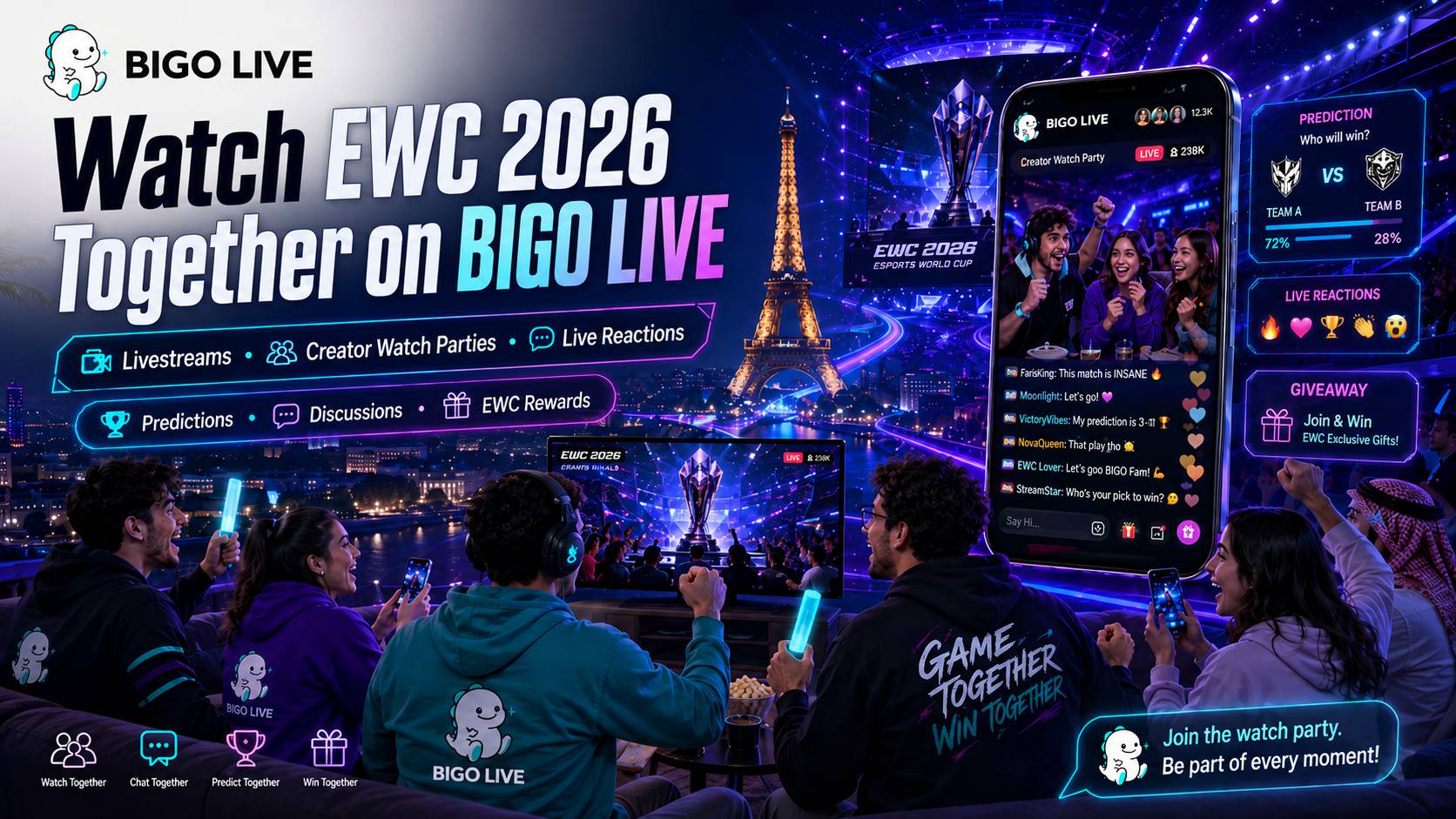 Fans joining EWC 2026 livestreams, creator watch parties, predictions, discussions and rewards together on BIGO LIVE
