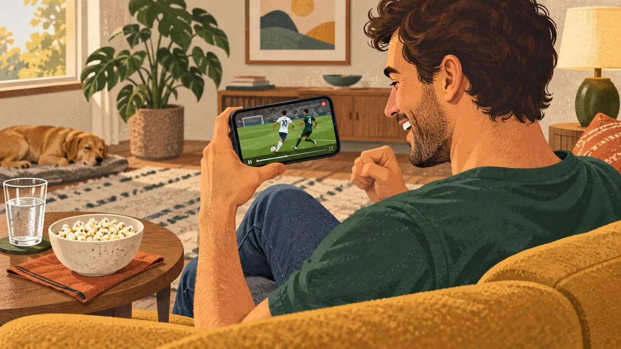 Illustration of a soccer fan watching a match on his phone from a couch, with popcorn nearby and a dog resting in the living room.