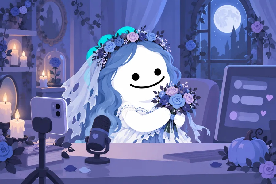 Emily from Corpse Bride-inspired streamer with blue hair and a veil