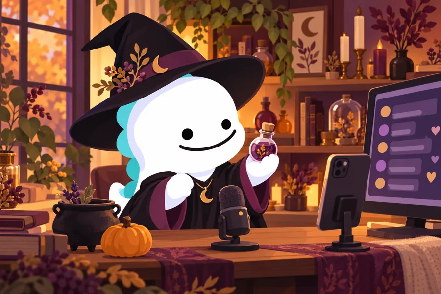 Witch-inspired streamer with a pointed hat in a Halloween room