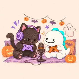 気まぐれ夜ふかしねことDinoが配信を楽しむイラスト