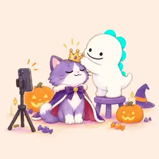 ハロウィンの主役ねことDinoが配信を楽しむイラスト