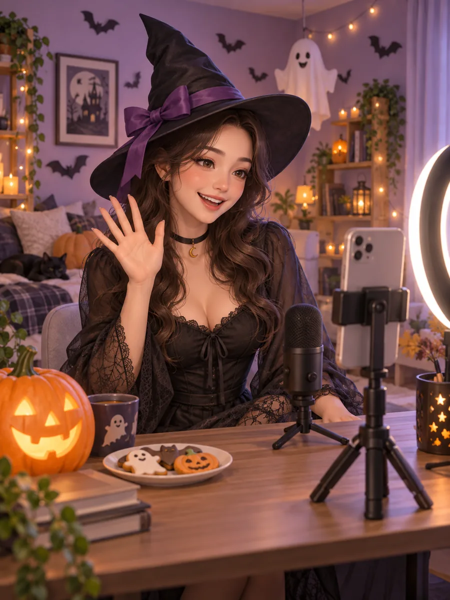 Illustration of a host in a witch costume streaming from a desk with a phone, microphone, and Halloween decorations.