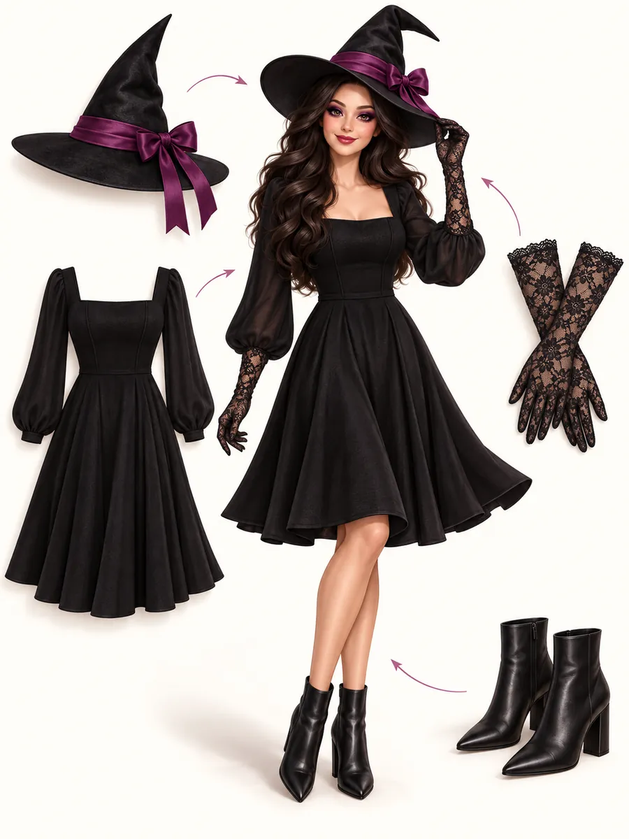 Illustration of an adult witch outfit with a black dress, pointed hat, lace gloves, and separate accessory illustrations.