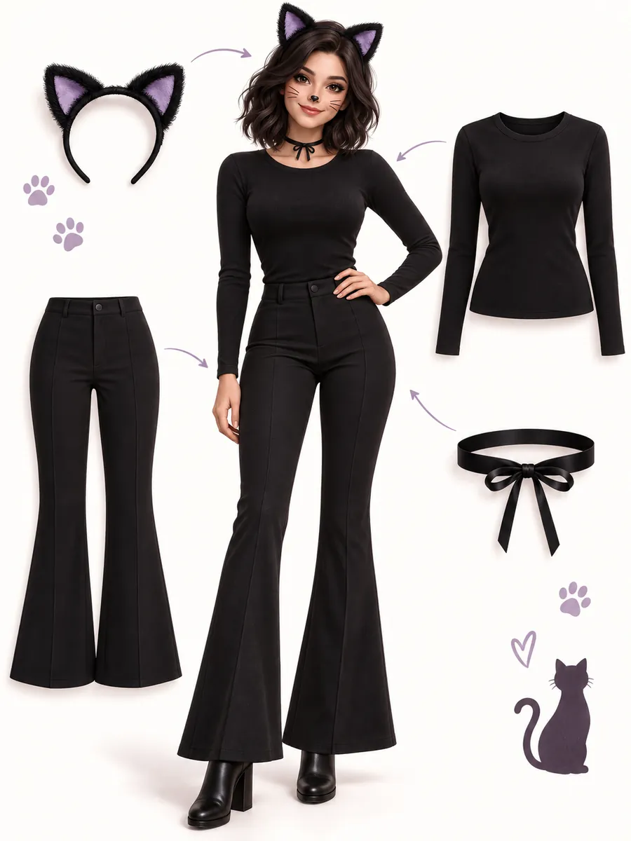 Illustration of an adult black cat outfit with cat ears, black top, flared pants, and ribbon choker, with separate clothing pieces.