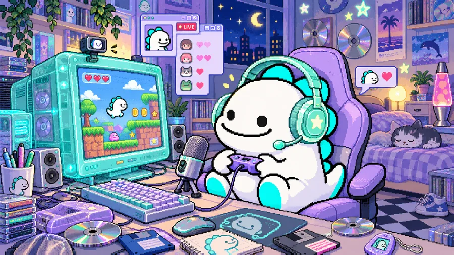 Pixel-art dinosaur streamer wearing teal headphones and holding a controller in a purple Y2K gaming room